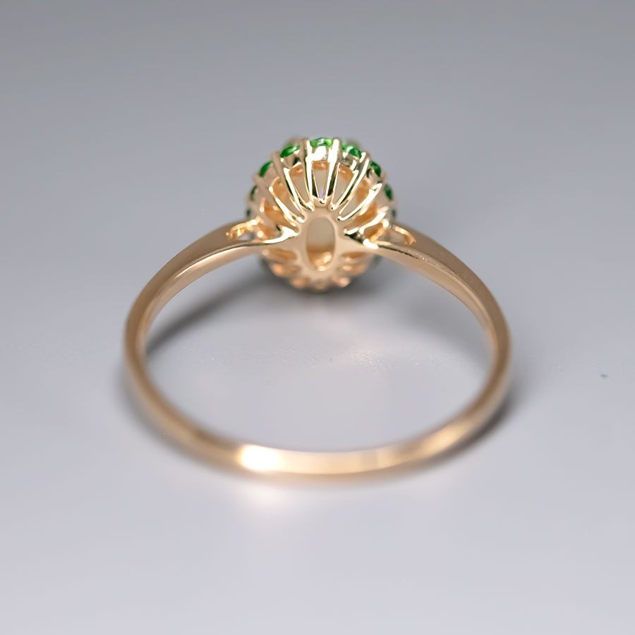 14K Yellow Gold Engagement Ring featuring Australian Opal Halo Tsavorite