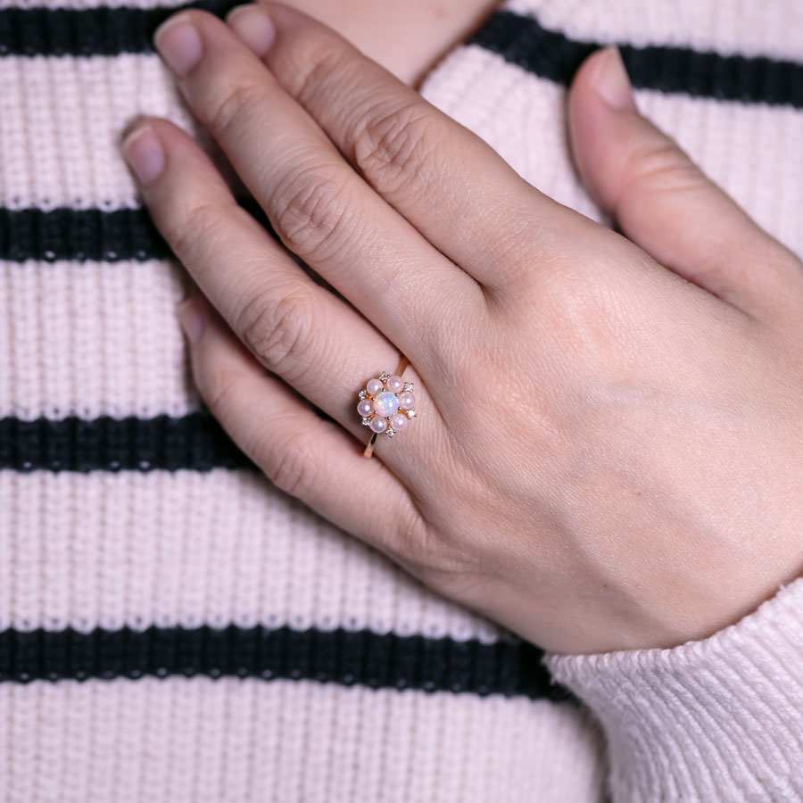 18K Yellow Gold Engagement Ring with Opal, Pearls, Diamonds