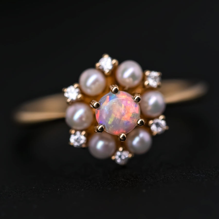 18K Yellow Gold Engagement Ring with Opal, Pearls, Diamonds