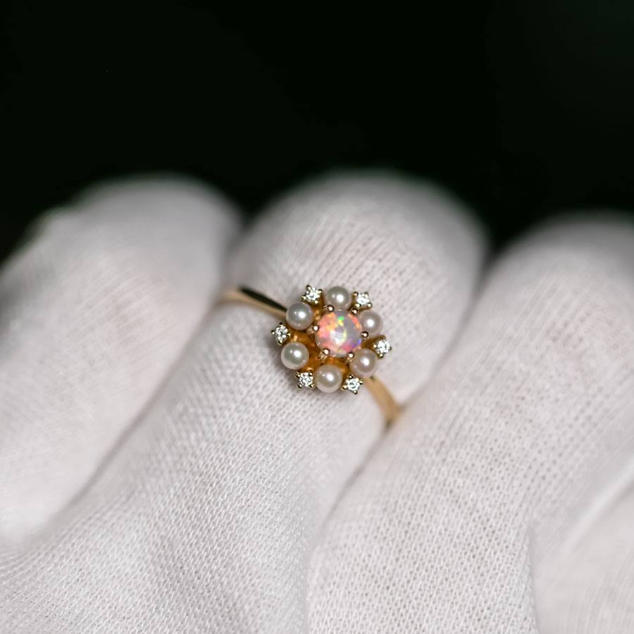 18K Yellow Gold Engagement Ring with Opal, Pearls, Diamonds