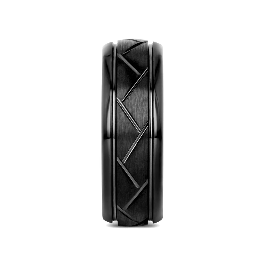 ENIGMA Domed Black Tungsten Ring with Brushed Cross Alternating Diagonal Cuts Pattern – 8mm
