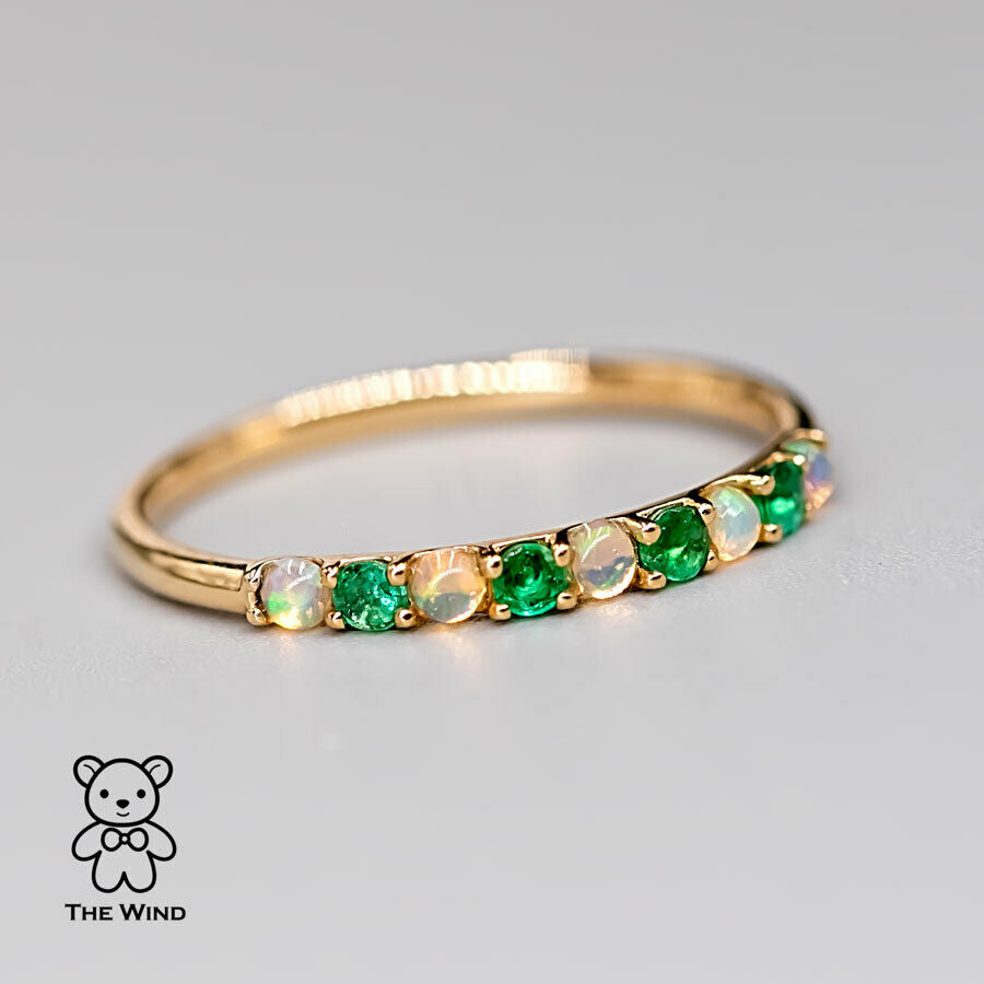 Eternity Australian Solid Opal & Tsavorite Ring 18K Yellow Gold Wedding Band