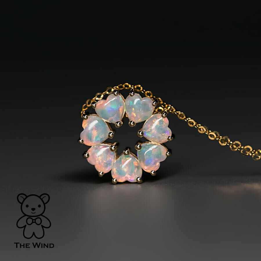 Eternity Heart Australian Crystal Opal Circle Necklace Pendant 14K Yellow Gold