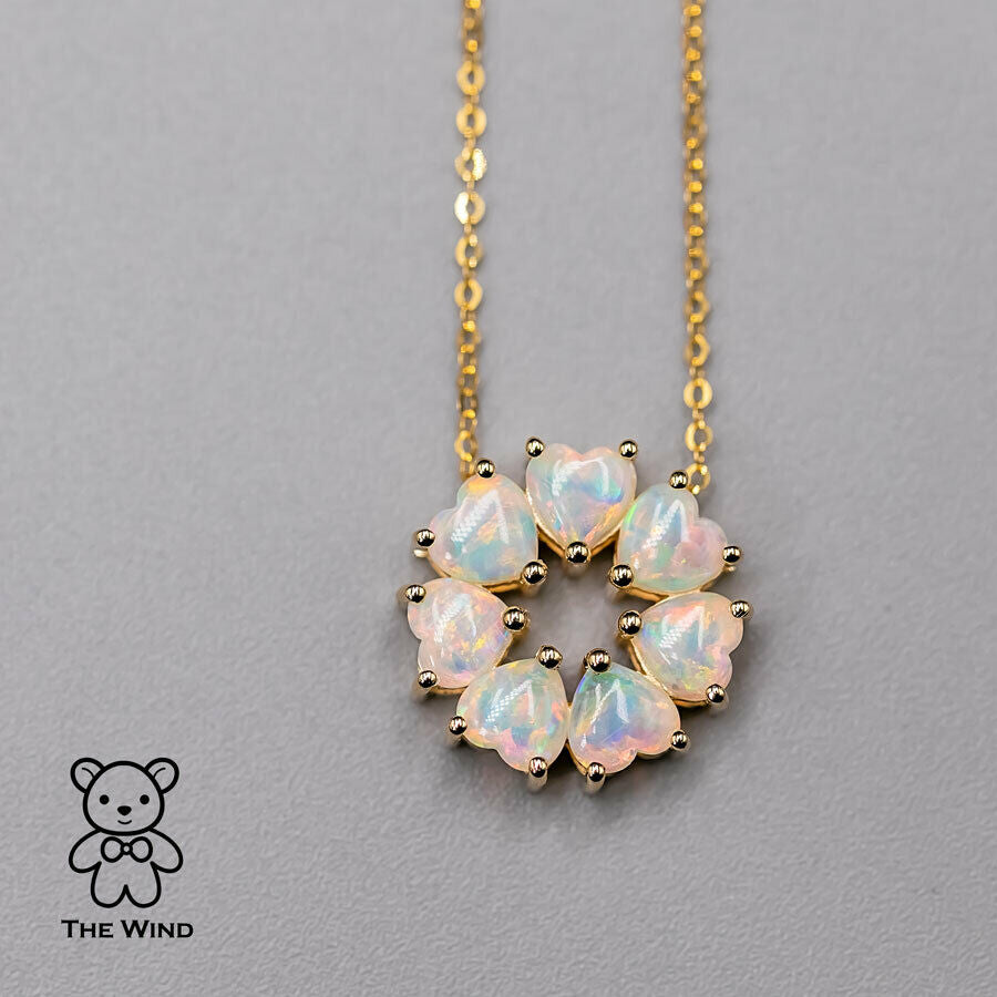 Eternity Heart Australian Crystal Opal Circle Necklace Pendant 14K Yellow Gold
