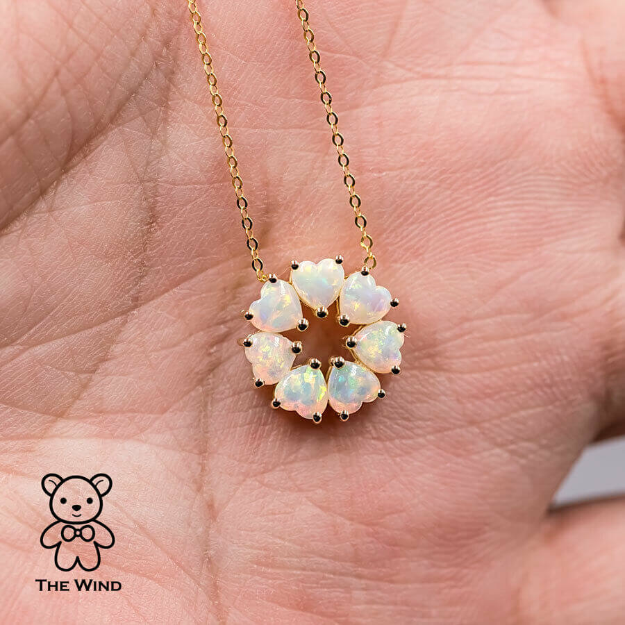 Eternity Heart Australian Crystal Opal Circle Necklace Pendant 14K Yellow Gold