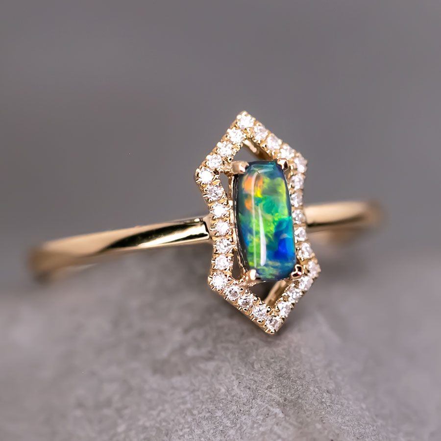 Ethereal Prism - Halo Diamond Black Opal Engagement Ring 18K Yellow Gold
