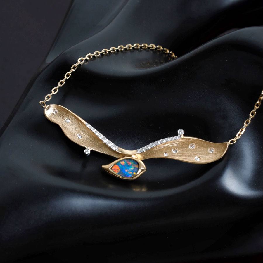 Extremely Rare Two Side Black Opal Seagull Wing Necklace & Diamond 18K Gold