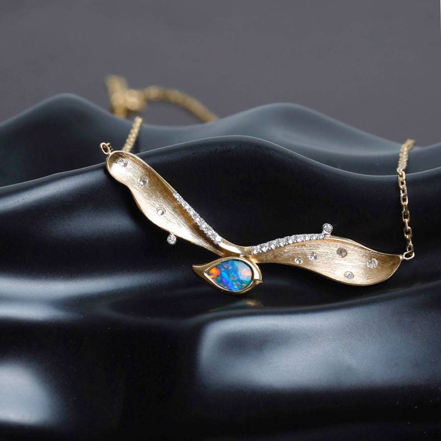 Extremely Rare Two Side Black Opal Seagull Wing Necklace & Diamond 18K Gold