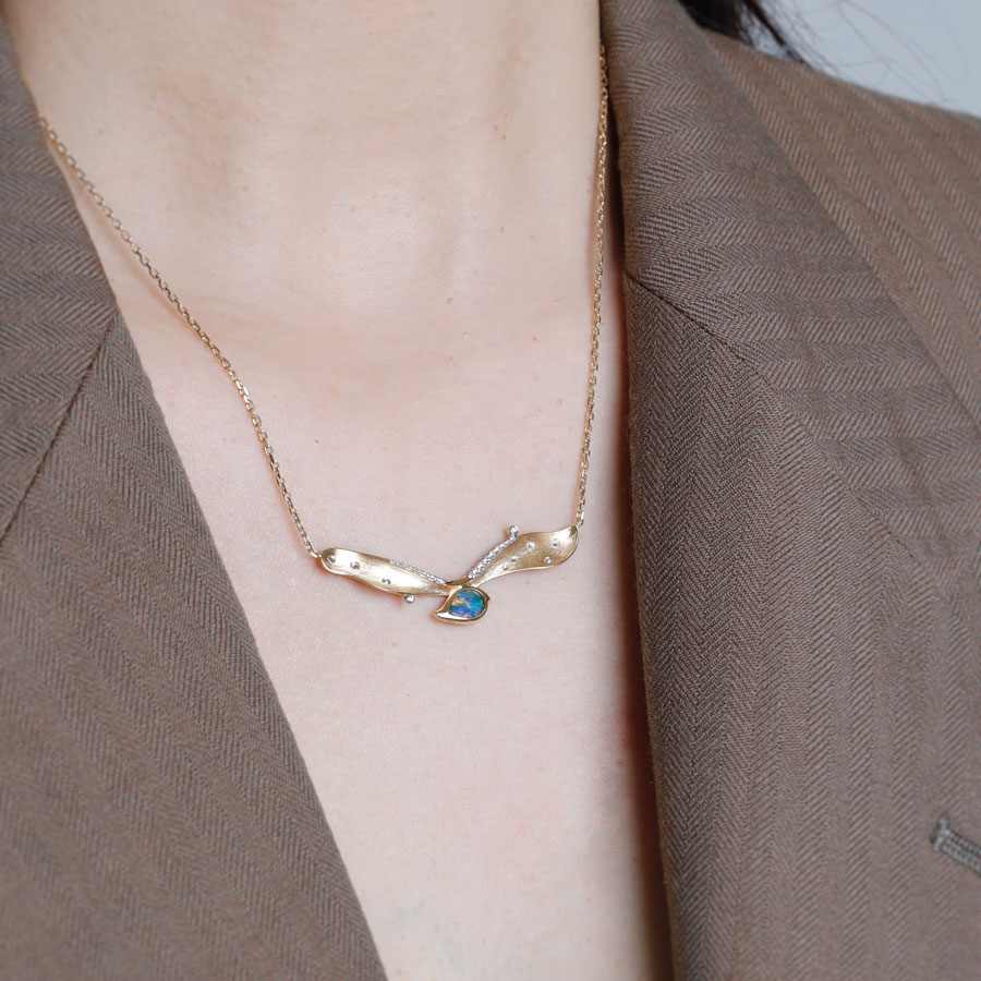 Extremely Rare Two Side Black Opal Seagull Wing Necklace & Diamond 18K Gold
