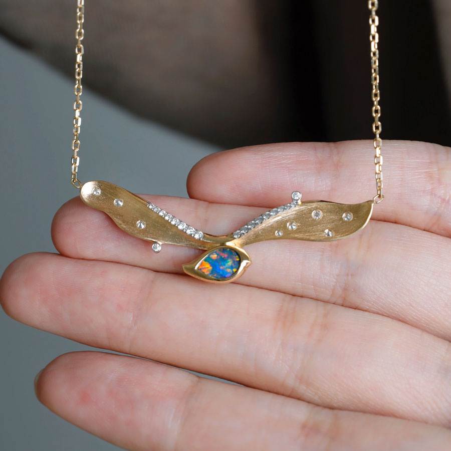 Extremely Rare Two Side Black Opal Seagull Wing Necklace & Diamond 18K Gold