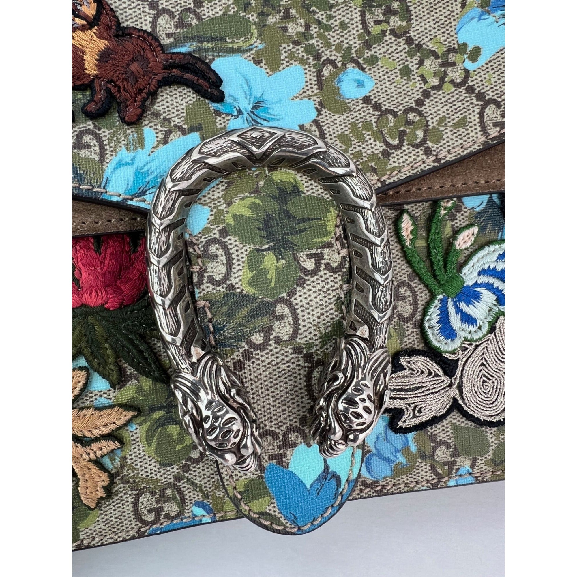 Gucci GG Supreme Blooms Print Embroidered Medium Dionysus Shoulder Bag Blue Taupe