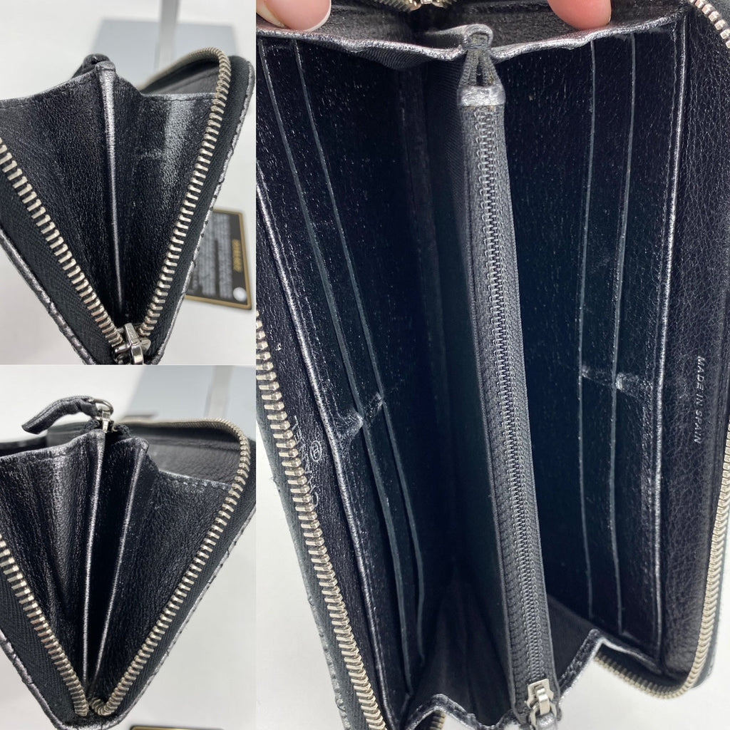 Chanel Perforated Silver Metallic Lambskin Quilted Zip Around Wallet Clutch
