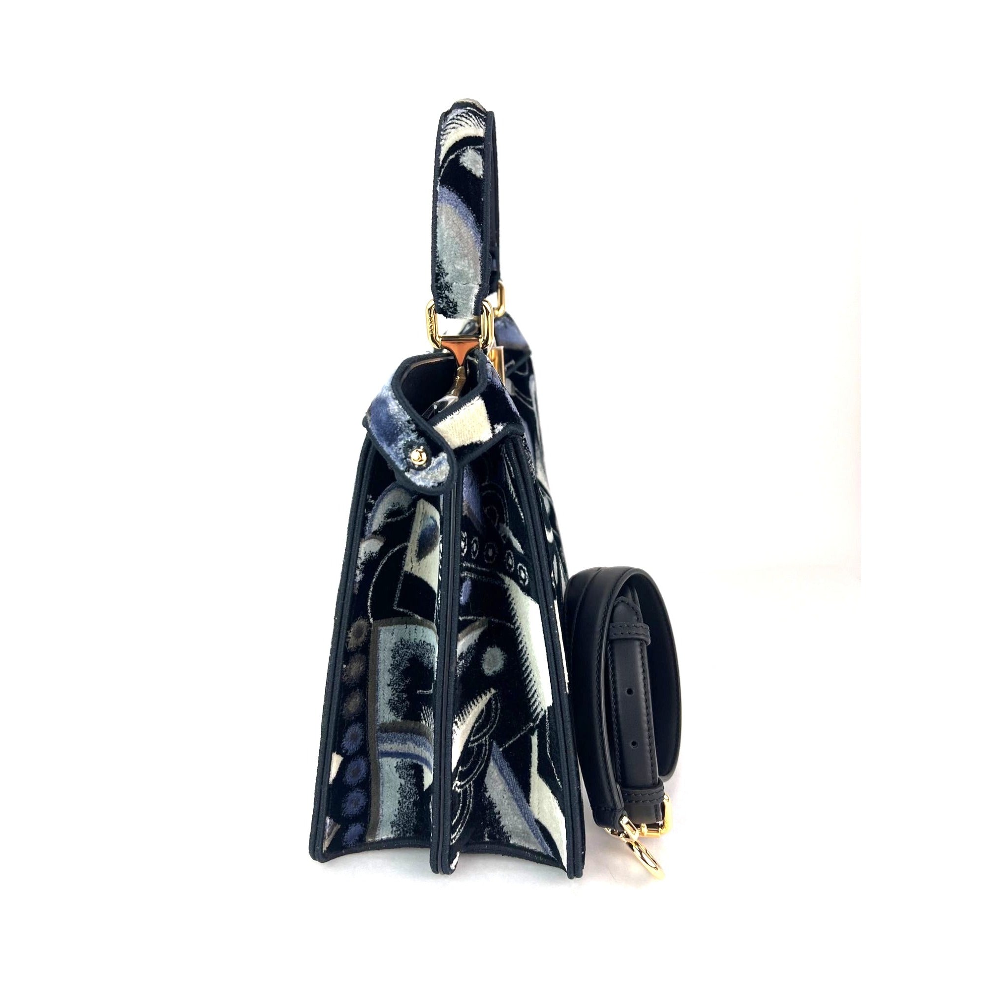 Fendi Peekaboo I see u Medium Printed Velvet Black Blue Satchel Shoulder Bag