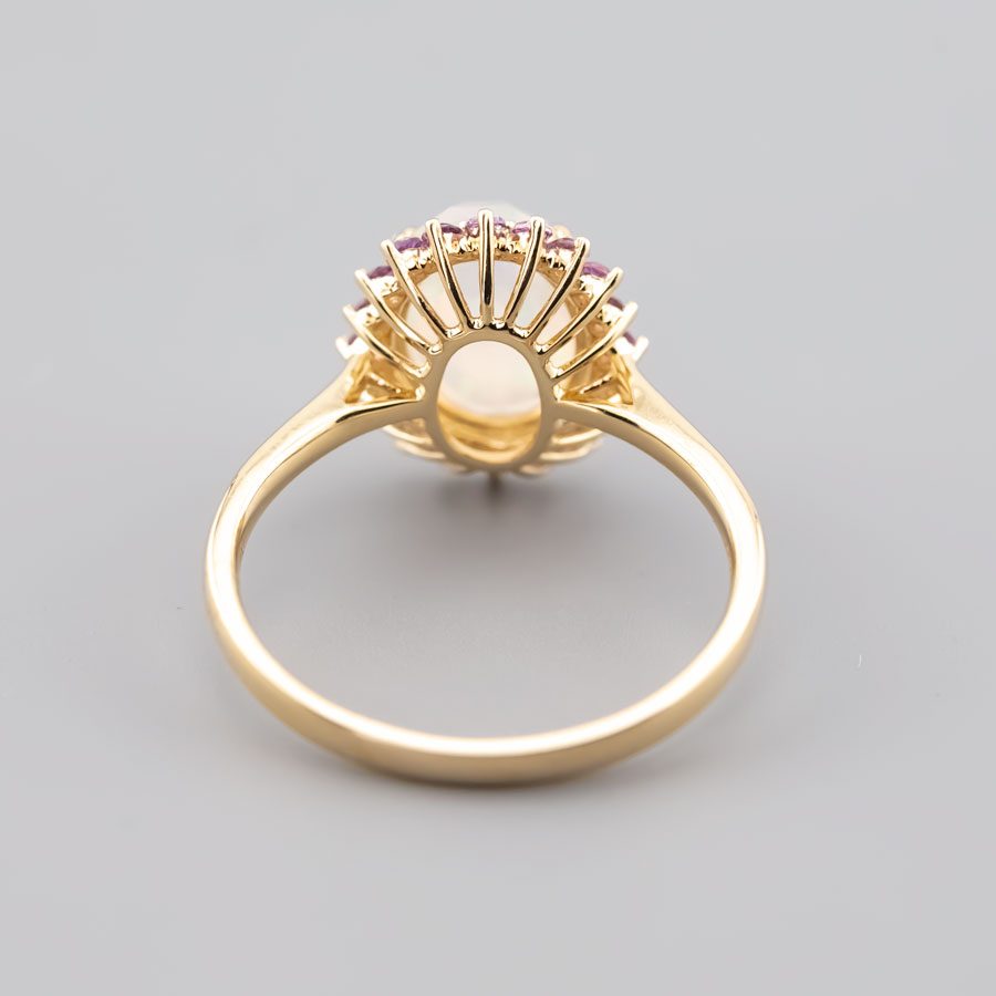 Rare Faceted Mexican Fire Opal Amethyst Engagement Halo Ring 18K Yellow Gold
