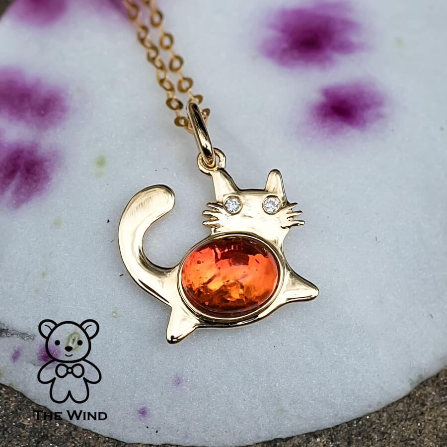 Fat Orange Cat - Mexican Fire Opal & Diamond Necklace 18K Yellow Gold