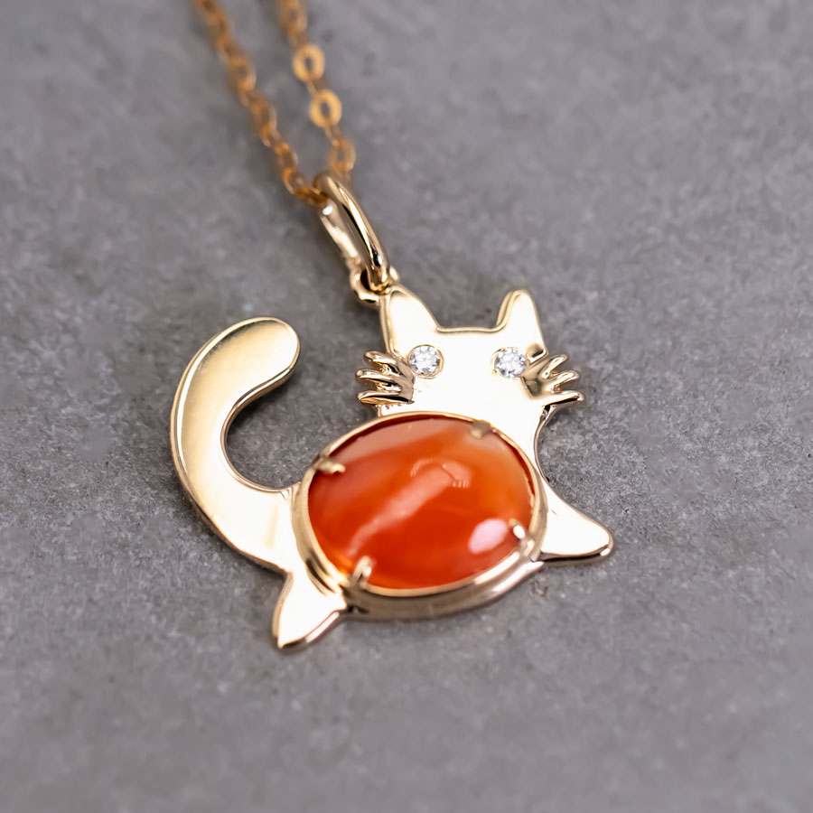 Fat Orange Cat - Mexican Fire Opal & Diamond Necklace 18K Yellow Gold