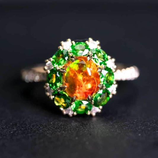 Fiery Mexican Fire Opal Surrounded by Diamonds & Tsavorites in 18K Yellow Gold