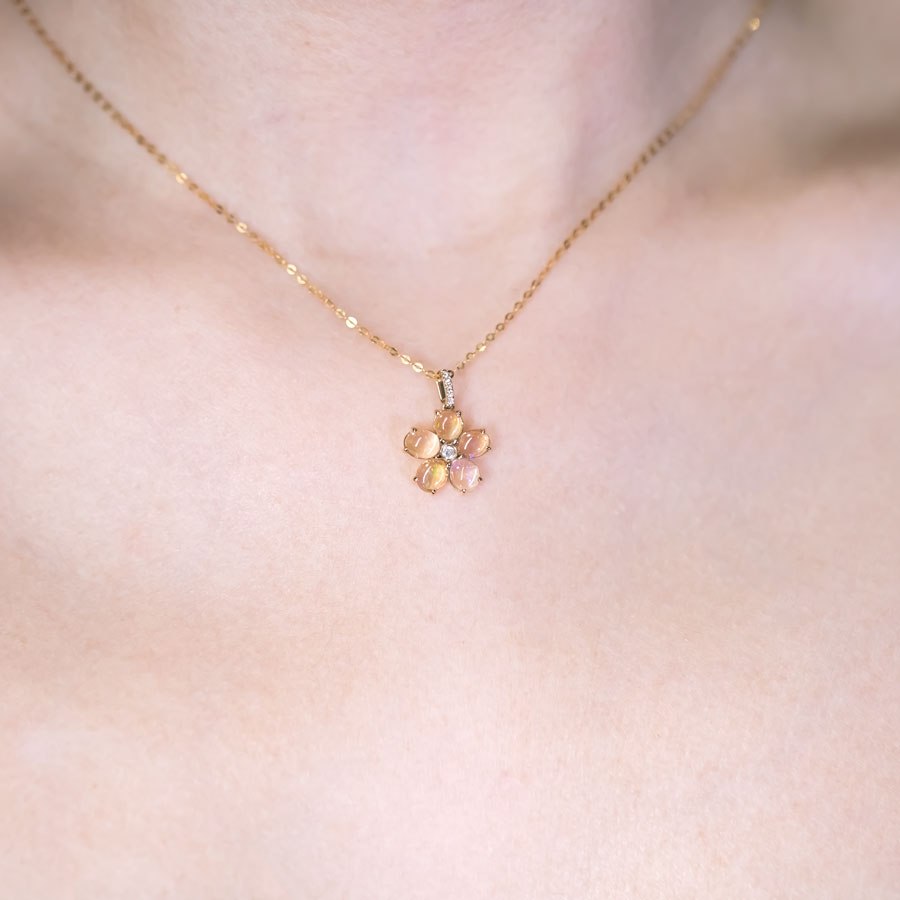 Fire Opal Diamond Flower Design Necklace 14k Yellow Gold