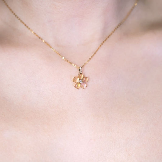 Fire Opal Diamond Flower Design Necklace 14k Yellow Gold