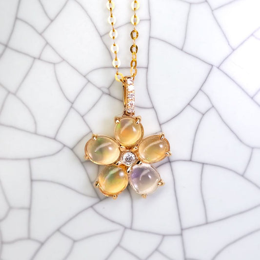 Fire Opal Diamond Flower Design Necklace 14k Yellow Gold