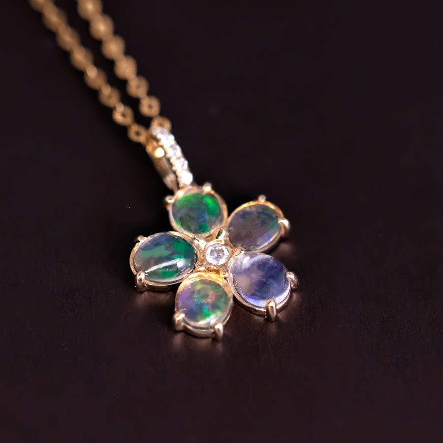 Fire Opal Diamond Flower Design Necklace 14k Yellow Gold