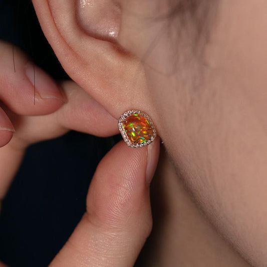 Fire Opal Diamond Halo Stud Earrings 14K Yellow Gold