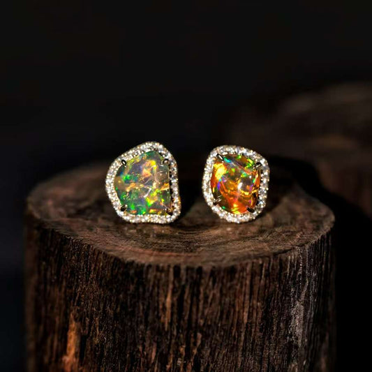 Fire Opal Diamond Halo Stud Earrings 14K Yellow Gold