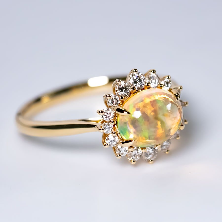 Mexican Fire Opal Halo Diamond Engagement Ring 18K Yellow Gold