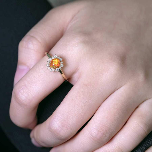 Fire Opal Halo Diamond Engagement Ring 18K Yellow Gold