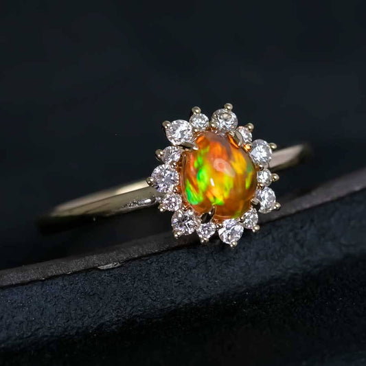 Fire Opal Halo Diamond Engagement Ring 18K Yellow Gold