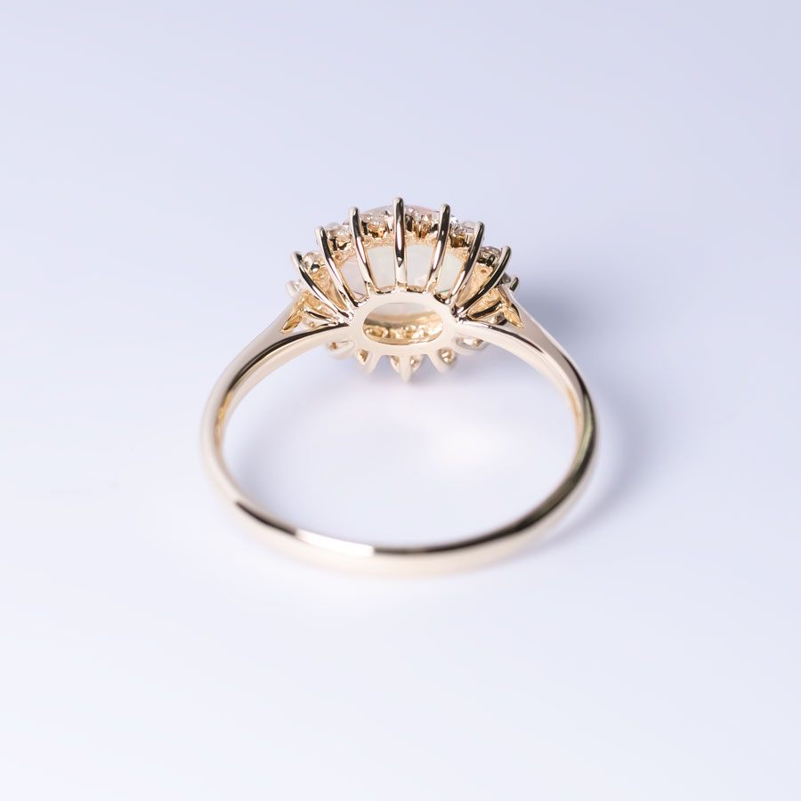 Mexican Fire Opal Halo Diamond Engagement Ring 18K Yellow Gold