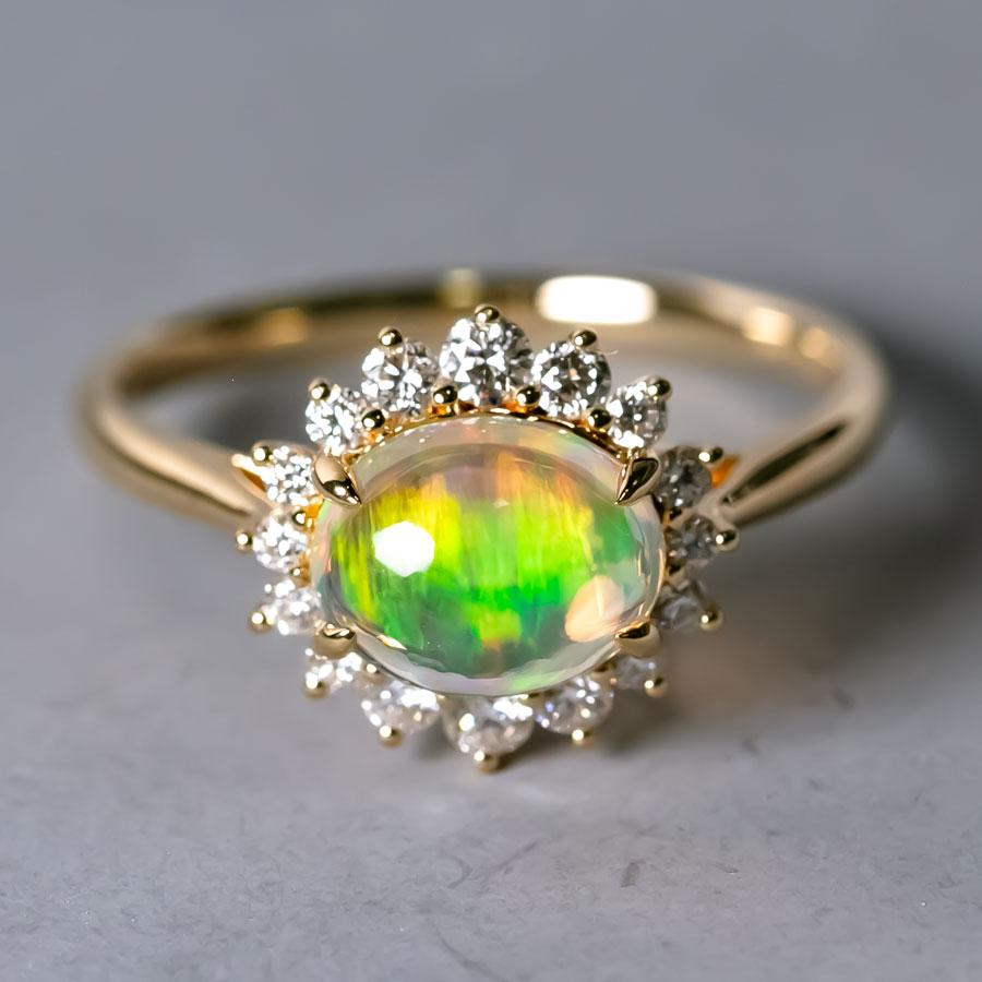 Mexican Fire Opal Halo Diamond Engagement Ring 18K Yellow Gold