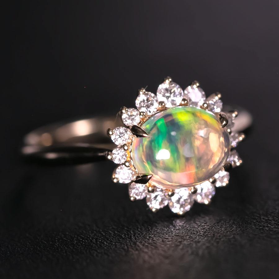 Mexican Fire Opal Halo Diamond Engagement Ring 18K Yellow Gold