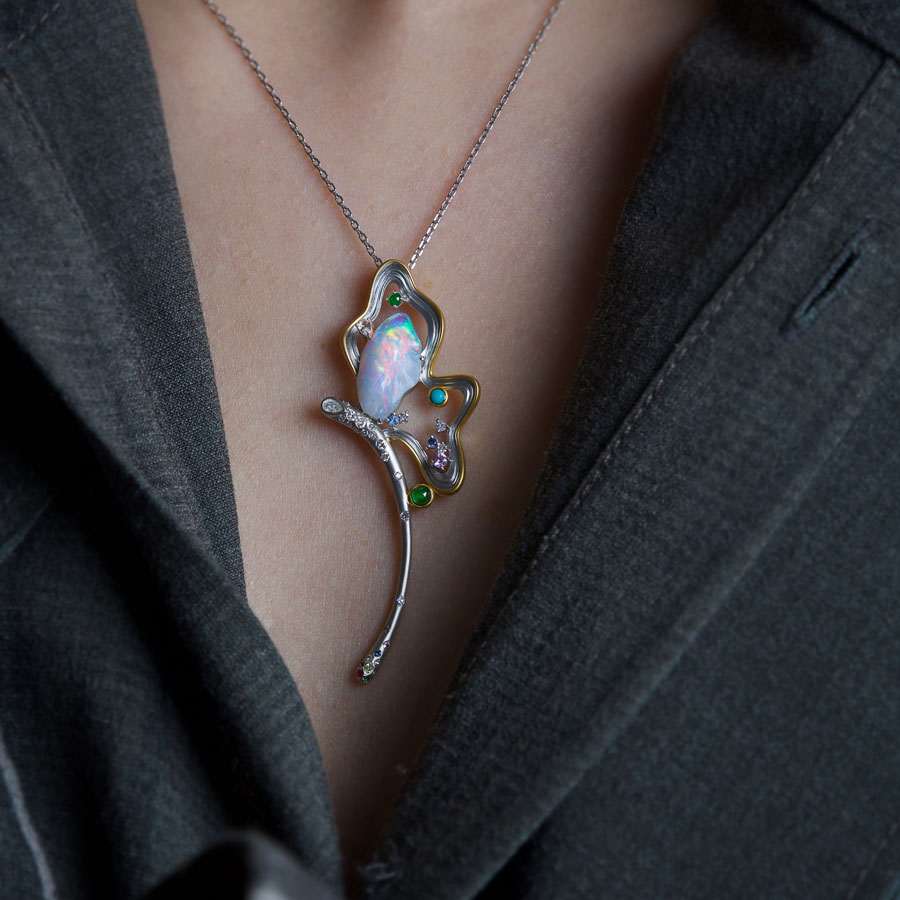 Fairy Whisper - Fire Opal Necklace in 18K White Gold with Diamonds, Sapphires & Turquoise