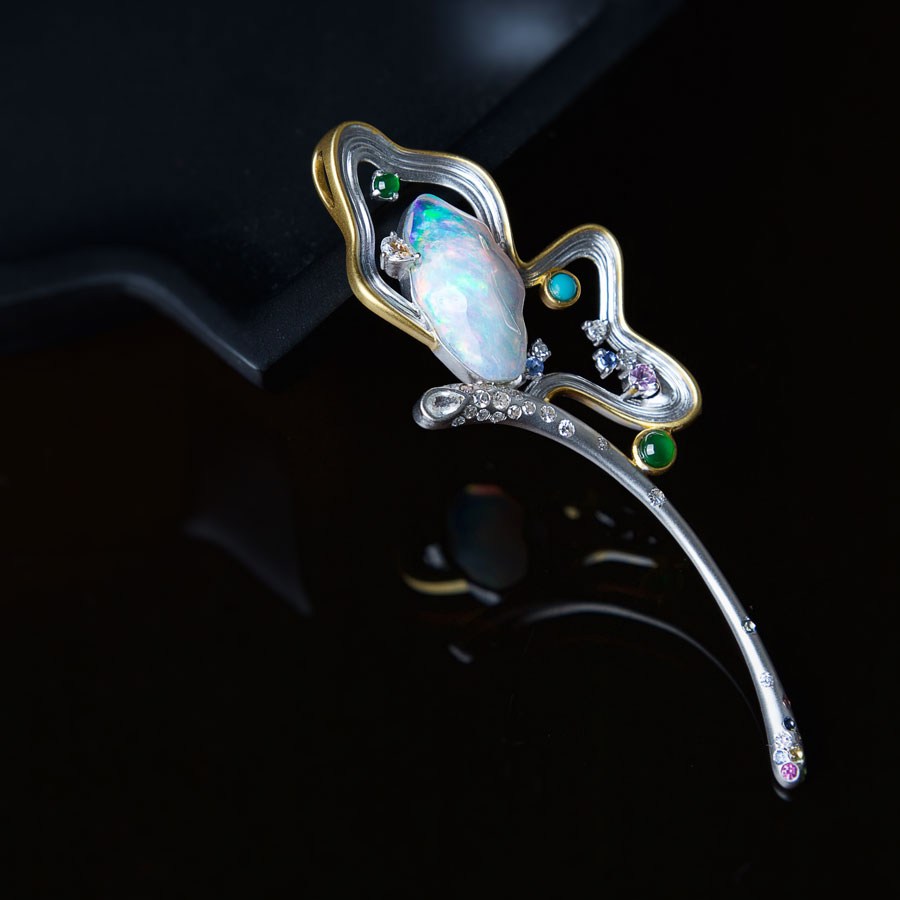 Fairy Whisper - Fire Opal Necklace in 18K White Gold with Diamonds, Sapphires & Turquoise