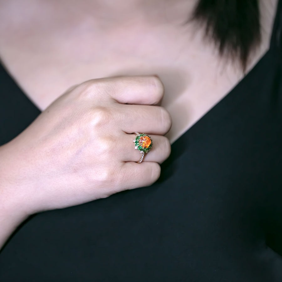 Fire Opal Tsavorite Diamond Engagement Ring 18K Yellow Gold