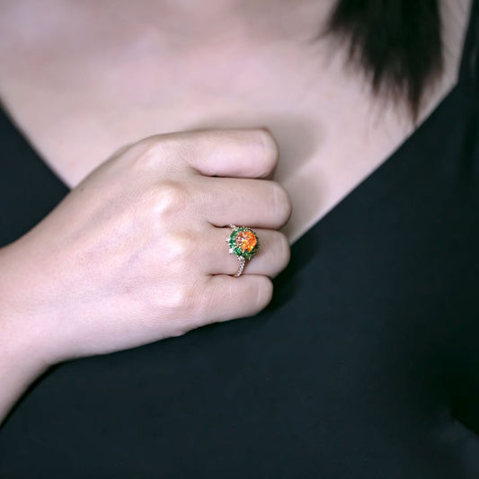 Fire Opal Tsavorite Diamond Engagement Ring 18K Yellow Gold