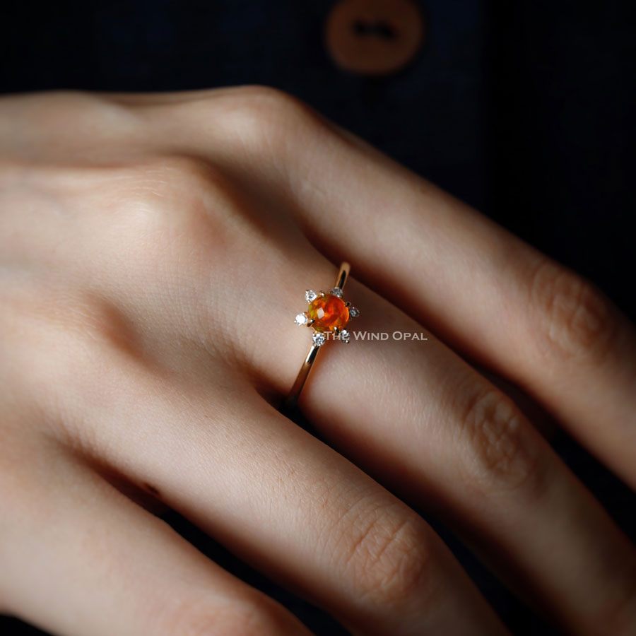 Fireball - Fire Opal & Diamond Engagement Wedding Ring 18K Yellow Gold