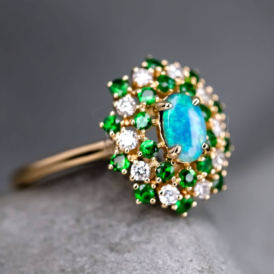 Fireworks - Black Opal & Diamond Engagement Ring 18K Yellow Gold