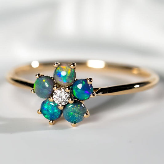 Flower Design Black Opal Diamond Engagement Ring 14K Yellow Gold
