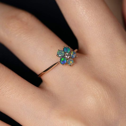 Flower Design Black Opal Diamond Engagement Ring 14K Yellow Gold