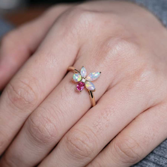 Flower Design Pink Spinel & Opal and Diamond Ring 14K Yellow Gold