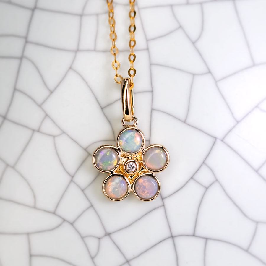 Flower Design Solid Opal Diamond Necklace 14k Yellow Gold