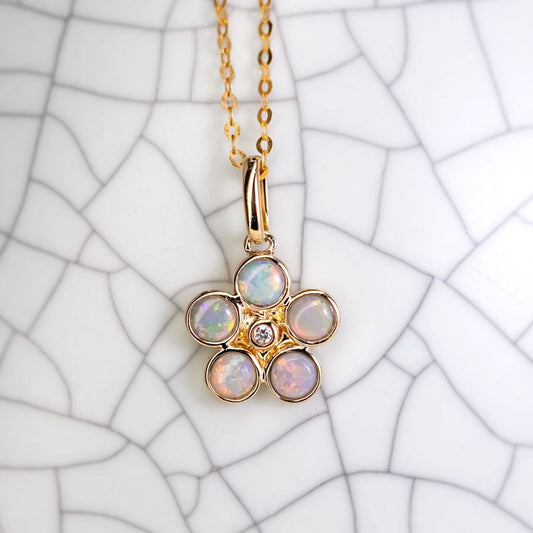 Flower Design Solid Opal Diamond Necklace 14k Yellow Gold