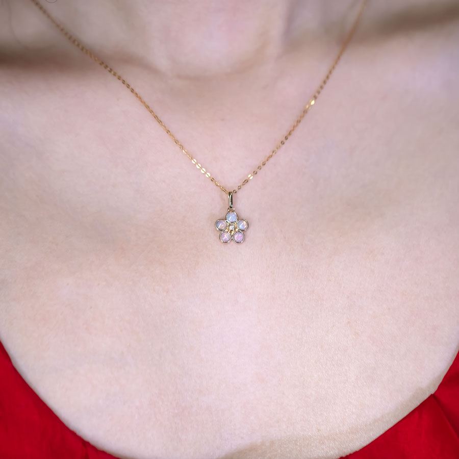 Flower Design Solid Opal Diamond Necklace 14k Yellow Gold