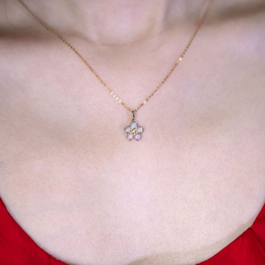 Flower Design Solid Opal Diamond Necklace 14k Yellow Gold
