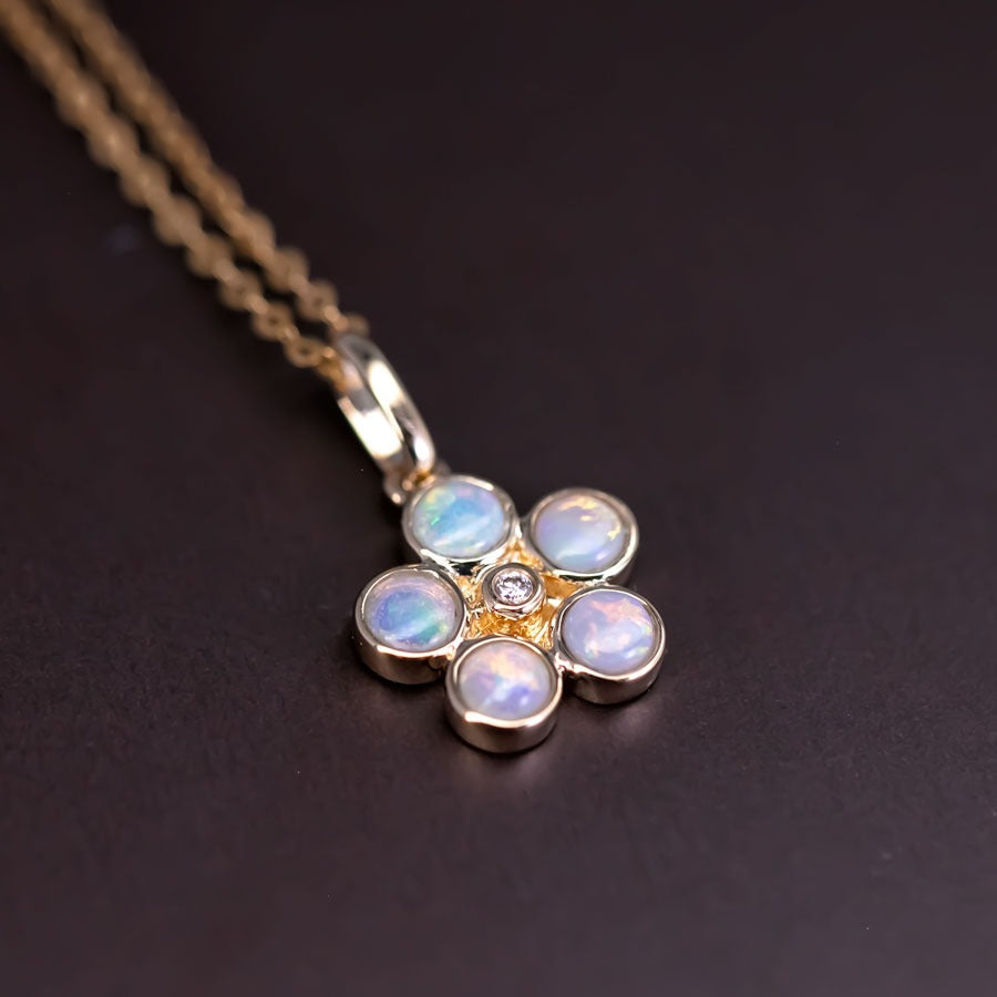Flower Design Solid Opal Diamond Necklace 14k Yellow Gold