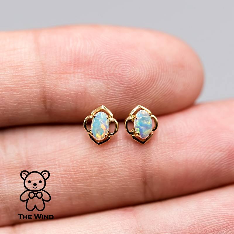 Flower Design Australian Solid Opal Stud Earrings 14k Yellow Gold