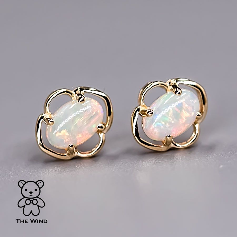 Flower Design Australian Solid Opal Stud Earrings 14k Yellow Gold