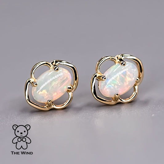 Flower Design Australian Solid Opal Stud Earrings 14k Yellow Gold
